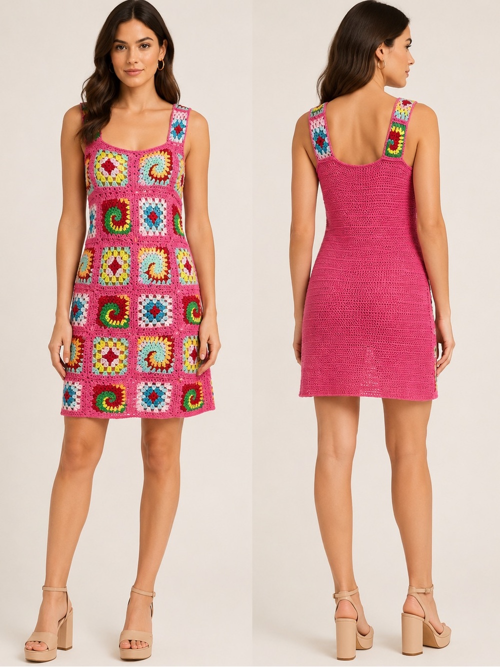 Cotton Emporium Pink Crochet Granny Square Mini Dress Size L Fits Small